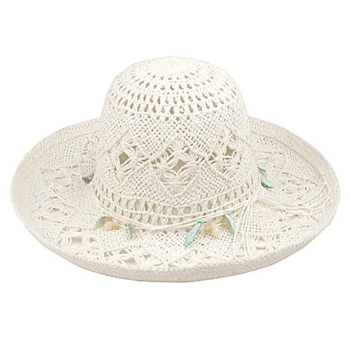 Wide Brim Crochet Toyo Straw Accent w/ Beaded Band - White - HT-8202WT